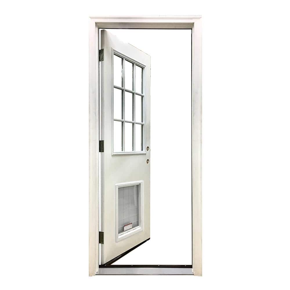 Steves & Sons 32 in. x 80 in. Reliant Series Clear 9-Lite LHIS White Primed Fiberglass Prehung Back Door with Extra Large Pet Door