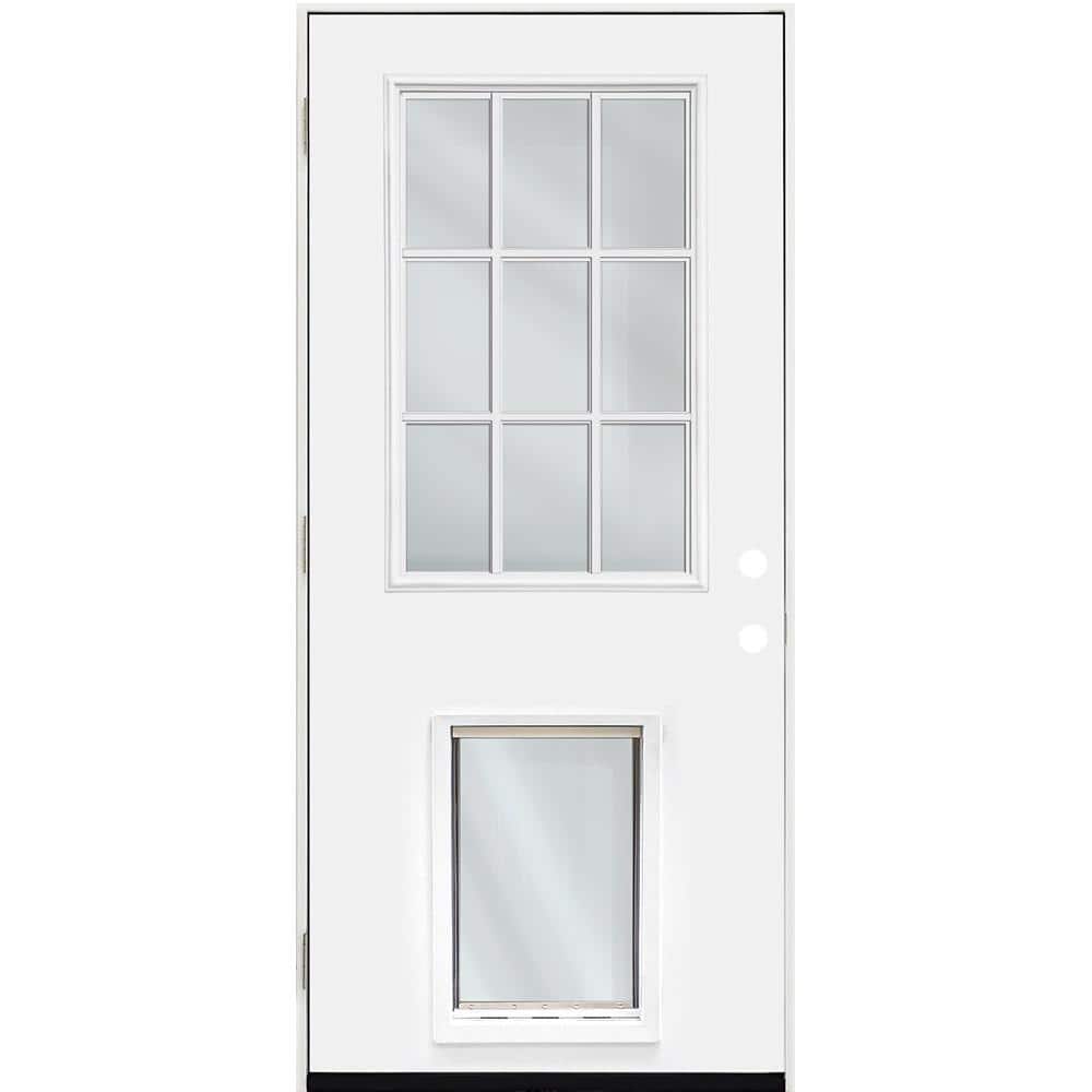 Steves & Sons 32 in. x 80 in. Reliant Series Clear 9 Lite RHOS White Primed Fiberglass Prehung Front Door with Extra Large Pet Door