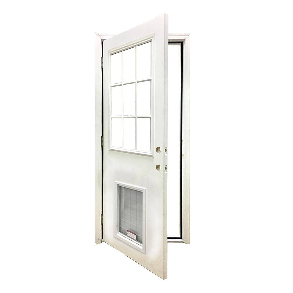 Steves & Sons 32 in. x 80 in. Reliant Series Clear 9 Lite RHOS White Primed Fiberglass Prehung Front Door with Extra Large Pet Door