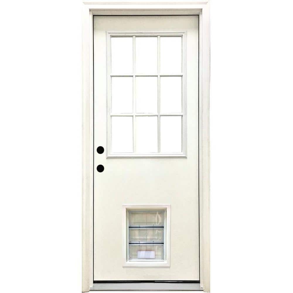 Steves & Sons 32 in. x 80 in. Reliant Series Clear 9-Lite RHIS White Primed Fiberglass Prehung Front Door with Extra Large Pet Door