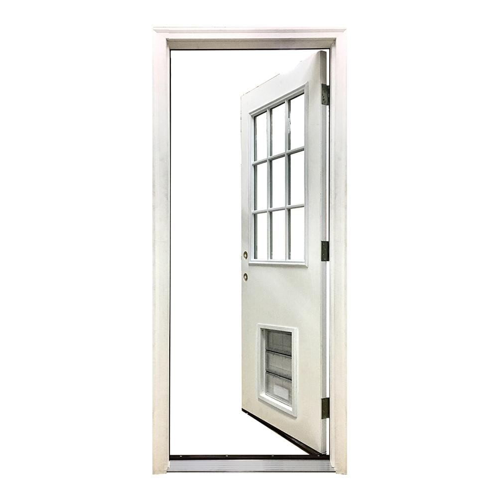 Steves & Sons 32 in. x 80 in. Reliant Series Clear 9-Lite RHIS White Primed Fiberglass Prehung Front Door with Extra Large Pet Door