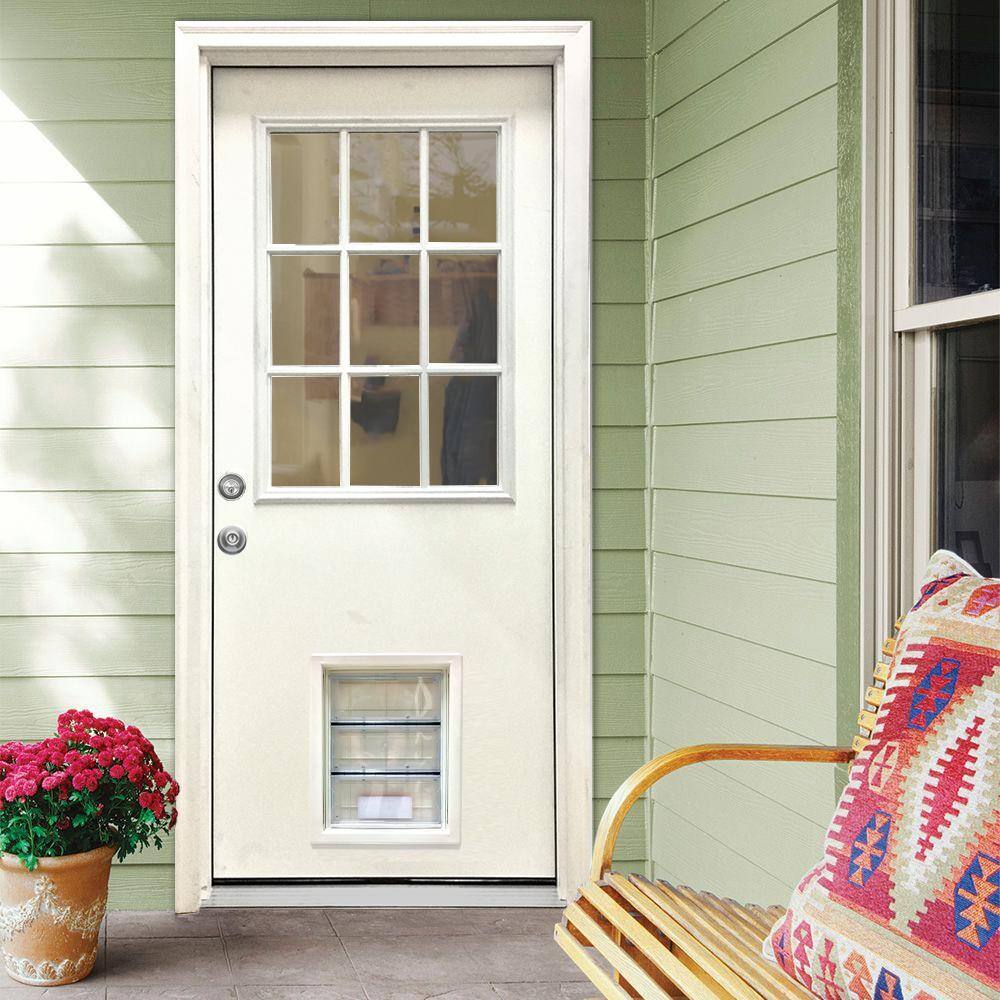 Steves & Sons 32 in. x 80 in. Reliant Series Clear 9-Lite RHIS White Primed Fiberglass Prehung Front Door with Extra Large Pet Door