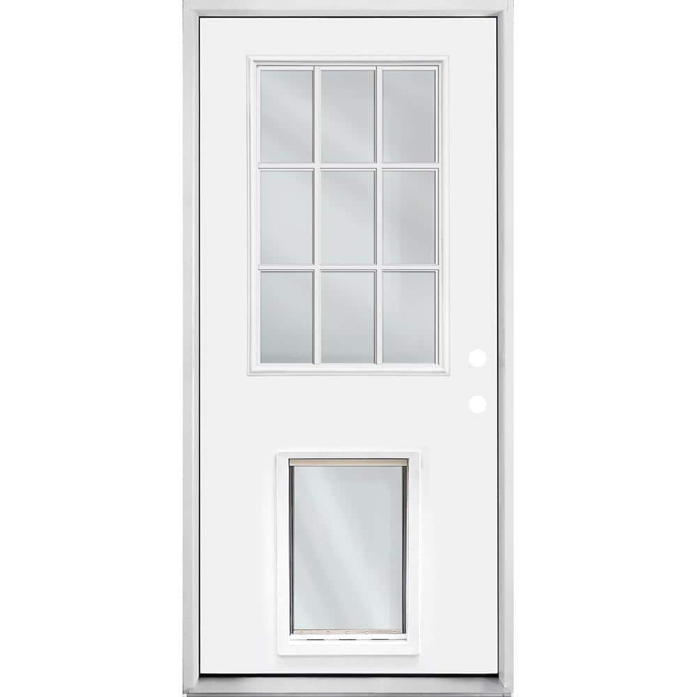 Steves & Sons 36 in. x 80 in. Reliant Series White Primed Left-Hand Inswing 9-Lite Clear Fiberglass Prehung Back Door with XL Pet Door
