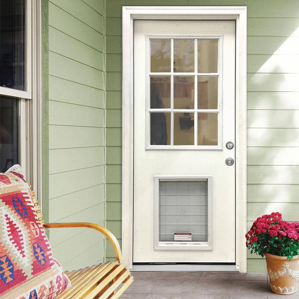 Steves & Sons 36 in. x 80 in. Reliant Series White Primed Left-Hand Inswing 9-Lite Clear Fiberglass Prehung Back Door with XL Pet Door