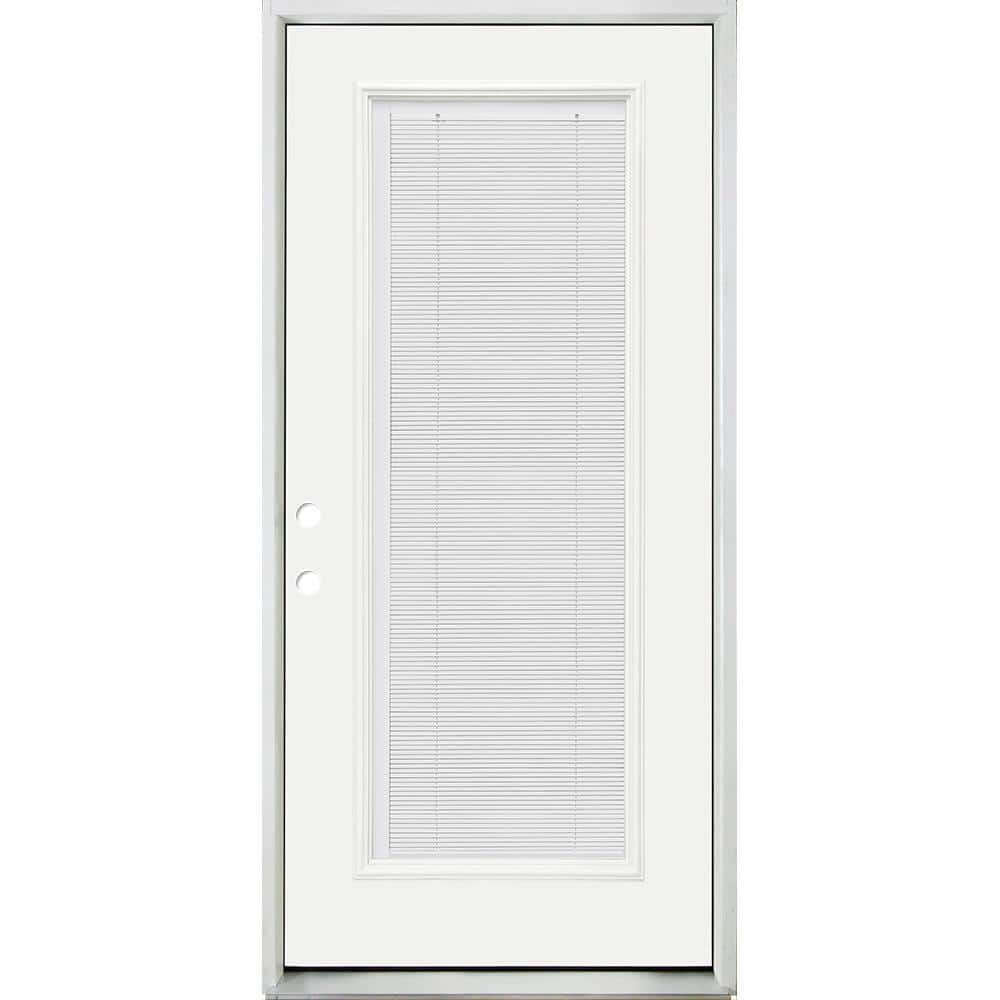 Steves & Sons 36 in. x 80 in. Reliant Clear Full Lite RHIS White Micro-Blind White Primed Fiberglass Prehung Front Door with Nickel Hinges