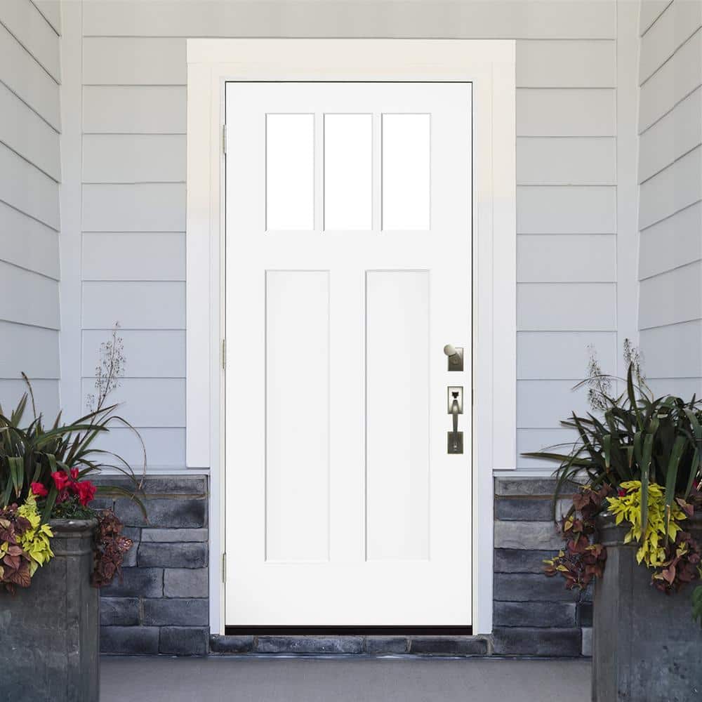 Steves & Sons 36 in. x 80 in. Legacy 3 Lite Toplite Clear Glass Right Hand Outswing White Primed Fiberglass Prehung Front Door