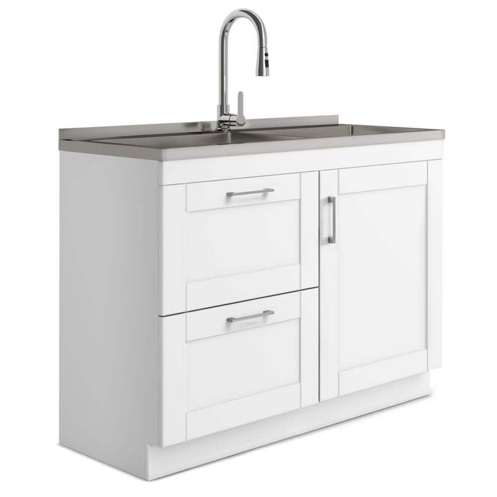 Simpli Home Modern Wide Shaker Transitional 46 in. wall mount Laundry sink with Cabinet Faucet and Stainless Steel Sink in White