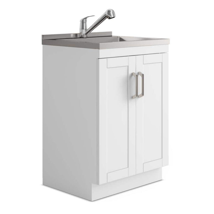 Simpli Home Kyle Transitional 24 in. Wall Mount Laundry Sink with Cabinet Faucet and Stainless Steel Sink in White