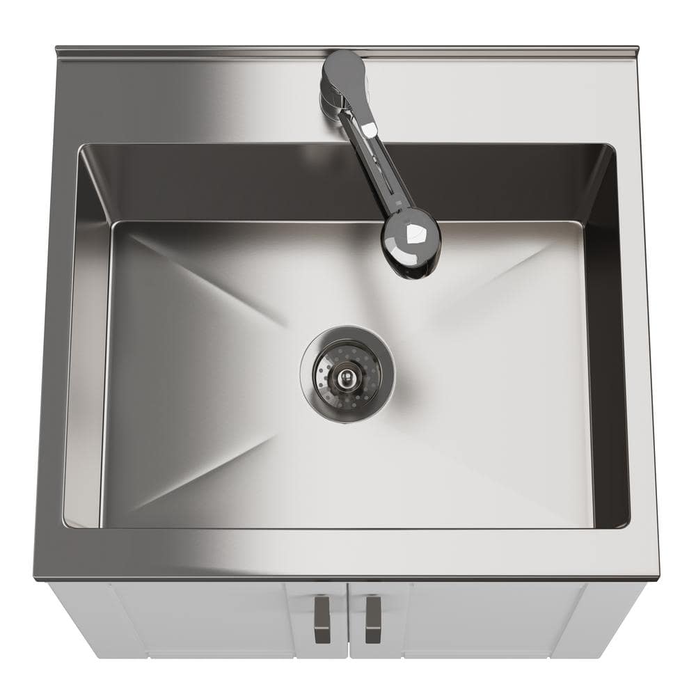 Simpli Home Kyle Transitional 24 in. Wall Mount Laundry Sink with Cabinet Faucet and Stainless Steel Sink in White