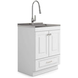 Simpli Home Lawrence Transitional 28 in. Wall Mount Laundry Sink with Cabinet Faucet and Stainless Steel Sink in Laundry White