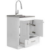 Simpli Home Lawrence Transitional 28 in. Wall Mount Laundry Sink with Cabinet Faucet and Stainless Steel Sink in Laundry White