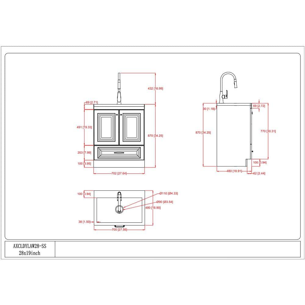 Simpli Home Lawrence Transitional 28 in. Wall Mount Laundry Sink with Cabinet Faucet and Stainless Steel Sink in Laundry White