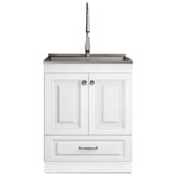 Simpli Home Lawrence Transitional 28 in. Wall Mount Laundry Sink with Cabinet Faucet and Stainless Steel Sink in Laundry White