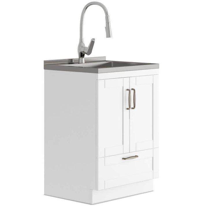 Simpli Home Reed Transitional 24 in. Deluxe wall mount Laundry sink with Cabinet Pull-out Faucet and Stainless Steel Sink in White