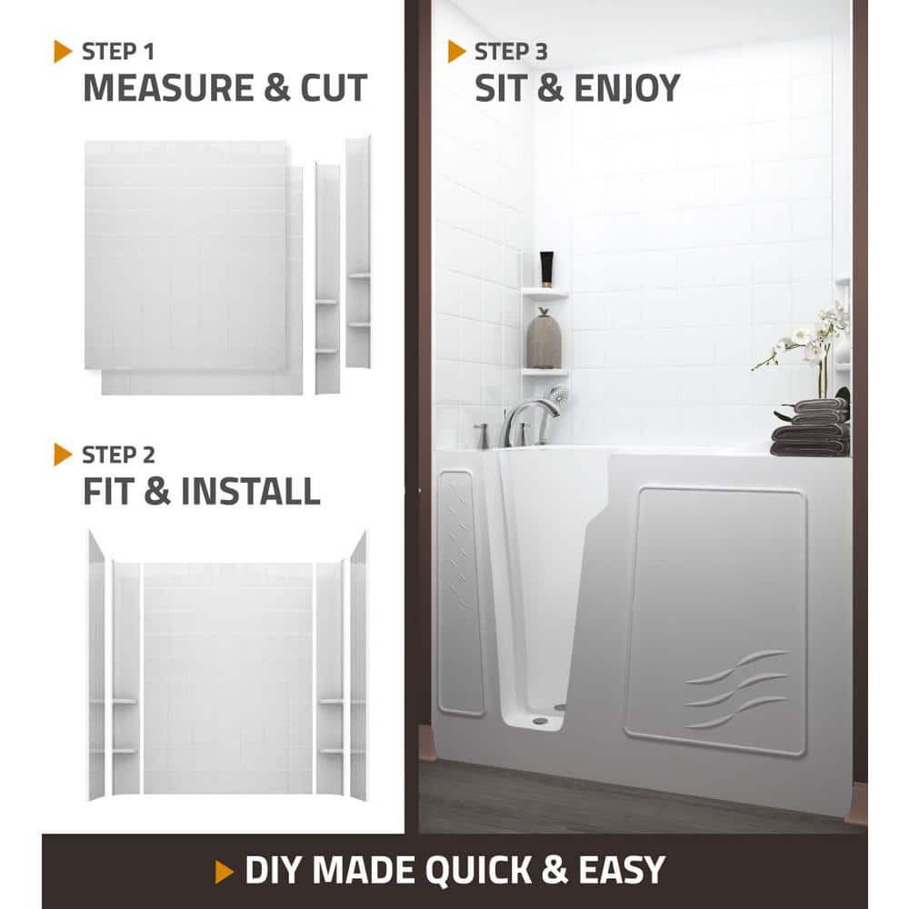 Universal Tubs Rampart 3.9 ft. Walk-in Whirlpool and Air Bathtub with 4 in. Tile Easy Up Adhesive Wall Surround, Right Drain, White