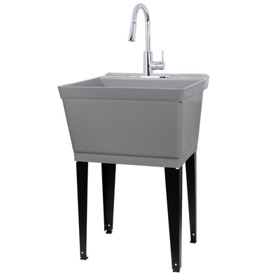 Complete 22.875 in. x 23.5 in. Grey 19 Gal. Utility Sink Set with Metal Hybrid Chrome High Arc Pull-Down Faucet - Super Arbor