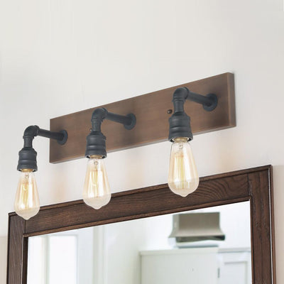 Wayner 3-Light Black Farmhouse Bath Vanity Light Water Pipe Wall Sconce with Painted Chesnut Wood Accent LED Compatible - Super Arbor