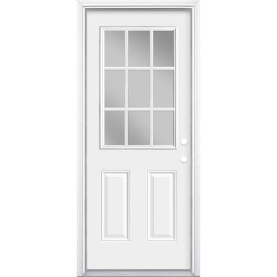 32 in. x 80 in. Premium 9 Lite Primed White Left Hand Inswing Steel Prehung Front Exterior Door with Brickmold - Super Arbor