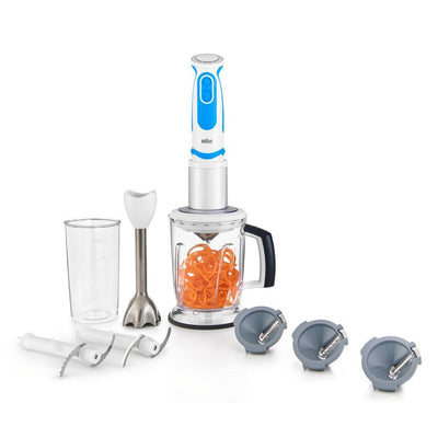 Multi Quick 21-Speed White Spiralizer and Hand Blender with 3-Cutting Blades, 1-Blending Wand, 5-Cup Chopper and Blender - Super Arbor