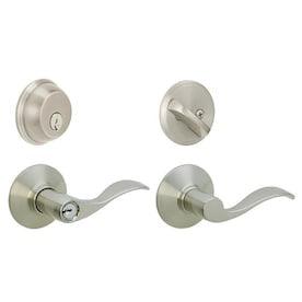 Schlage FB50 Accent Accent Satin Nickel Single-Cylinder Deadbolt Reversible Keyed Entry Door Handle Combo Pack 1 Handle and 1 Deadbolt - Super Arbor
