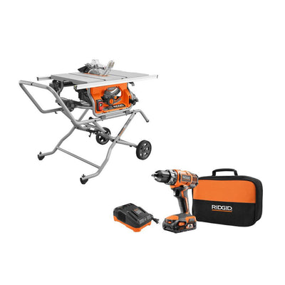 10 in. Pro Jobsite Table Saw with Stand and 18-Volt Cordless Drill/Driver Kit with (1) 2.0 Ah Battery, Charger, Tool Bag - Super Arbor
