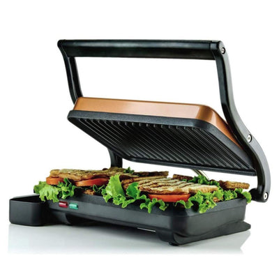 Copper Electric Panini Press Grill, 2-Slice 1000-Watt Heating Plate, Drip Tray Included - Super Arbor