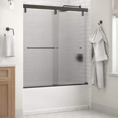 Simplicity 60 x 59-1/4 in. Frameless Mod Soft-Close Sliding Bathtub Door in Bronze with 1/4 in. (6mm) Rain Glass - Super Arbor