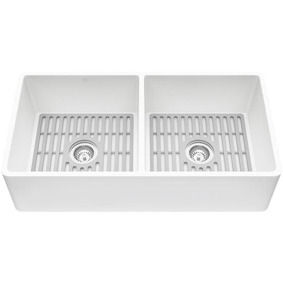 Matte Stone White Composite 33 in. Double Bowl Reversible Flat Farmhouse Apron-Front Kitchen Sink with 2 Strainers - Super Arbor