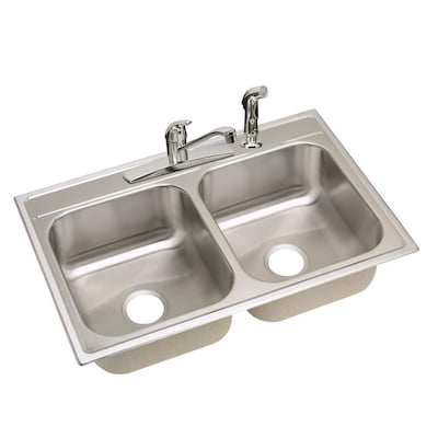 Elkay 33-in x 22-in Satin Double Equal Bowl Drop-In 4-Hole Residential Kitchen Sink All-in-One Kit