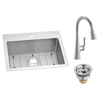 Elkay Crosstown 25-in x 22-in Polished Satin Single Bowl Drop-In or Undermount 1-Hole Commercial/Residential Kitchen Sink All-in-One Kit