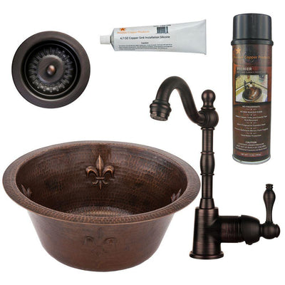 All-in-One Dual Mount Copper 16 in. Round Fleur De Lis Bar/Prep Sink with Faucet and Strainer Drain in Oil Rubbed Bronze - Super Arbor