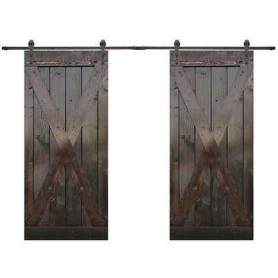 X Series 84 in. x 84 in. Dark Coffee Stained Solid Wood Double Sliding Barn Door with Hardware Kit - Super Arbor