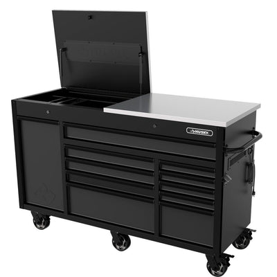 Heavy-Duty 63 in. W 11-Drawer, Deep Tool Chest Mobile Workbench in Matte Black with Flip-Top Stainless Steel Top