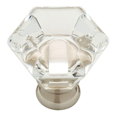 Modern Hexagon 1-3/4 in. (45 mm) Satin Nickel and Clear Acrylic Cabinet Knob - Super Arbor