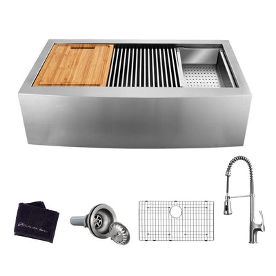 All-in-One Apron-Front Farmhouse Stainless Steel 33 in. Single Bowl Workstation Sink with Faucet and Accessories - Super Arbor