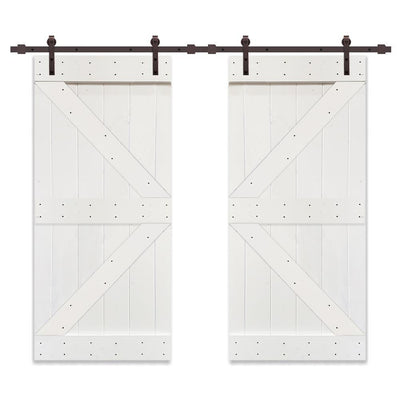 Distressed K Series 36 in. x 84 in. White Stained Solid Pine Wood Double Interior Sliding Barn Door with Hardware Kit - Super Arbor