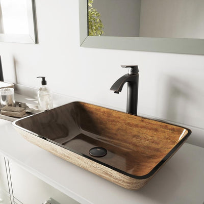VIGO Glass Vessel Bathroom Sink in Amber Sunset and Linus Faucet Set in Antique Rubbed Bronze - Super Arbor