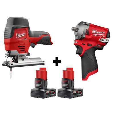 M12 FUEL 12-Volt Lithium-Ion Brushless Cordless Stubby 3/8 in. Impact Wrench and Jig Saw with two 3.0 Ah Batteries - Super Arbor