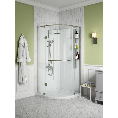 Glamour 36 in. x 76.40 in. Corner Drain Corner Shower Kit in White and Satin Nickel Hardware - Super Arbor