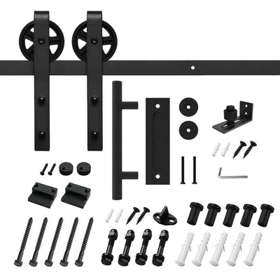 6 ft./72 in. Black Steel Bent Strap Sliding Barn Door Track and Hardware Kit with 12 in. Cylinder Handle and Floor Guide - Super Arbor