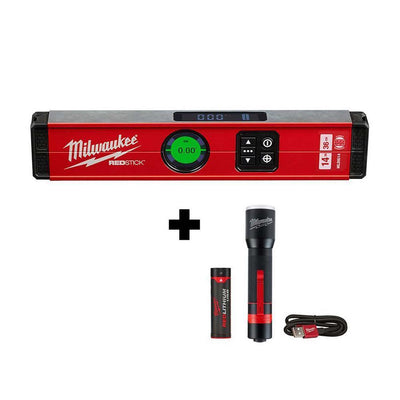 14 in. Redstick Digital Box Level with Pin-Point Measurement Technology W/ 700 Lumens LED Rechargeable Flashlight - Super Arbor