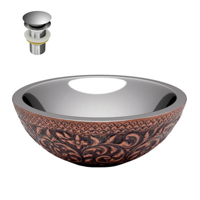 Crete 14 in. Handmade Vessel Sink in Polished Antique Copper with Nickel Interior and Floral Design Exterior - Super Arbor