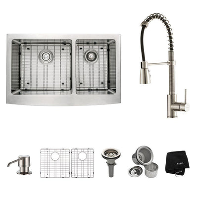 All-in-One Farmhouse Apron Front Stainless Steel 33 in. Double Bowl Kitchen Sink with Faucet in Stainless Steel - Super Arbor