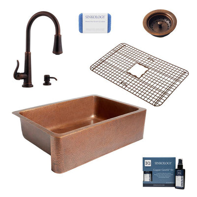 Adams All-in-One Farmhouse Copper 33 in. Single Bowl Kitchen Sink with Pfister Ashfield Faucet and Drain - Super Arbor