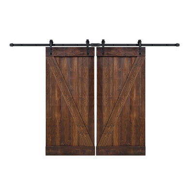 72 in x 84 in Z-Series Dark Walnut DIY Finished Knotty Pine Wood Double Sliding Barn Door with Installation Hardware Kit - Super Arbor