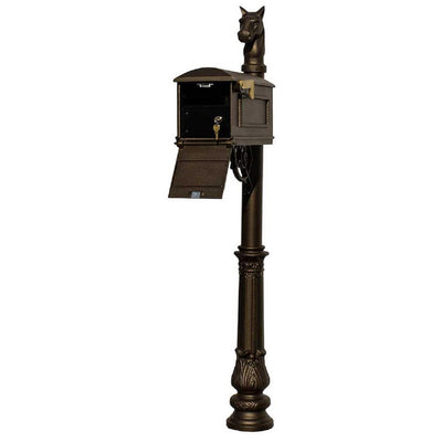 Lewiston Bronze Post Mount Locking Insert Mailbox with decorative Ornate Base and Horsehead Finial - Super Arbor