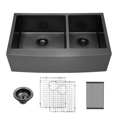 Gunmetal Black Stainless Steel 33 in. 16-Gauge Double Bowl Farmhouse Apron-Front Kitchen Sink - Super Arbor