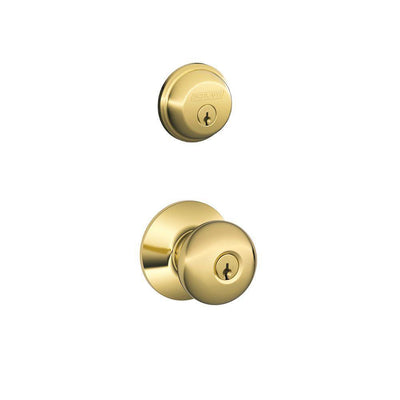 Bright Brass Double Cylinder Deadbolt with Plymouth Entry Door Knob Combo Pack - Super Arbor