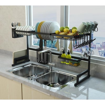 eModernDecor 34.6 -in Stainless Steel Black Dish Drying Rack Over Kitchen Sink, Dishes and Utensils Draining Shelf, Kitchen Storage Countertop Organizer, Utensils Holder, Kitchen Space Saver, All in One Dishes Washing Solution