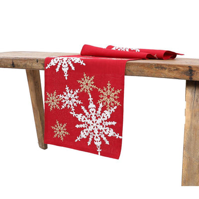 15 in. x 90 in. Magical Snowflakes Crewel Embroidered Christmas Table Runner, Red - Super Arbor